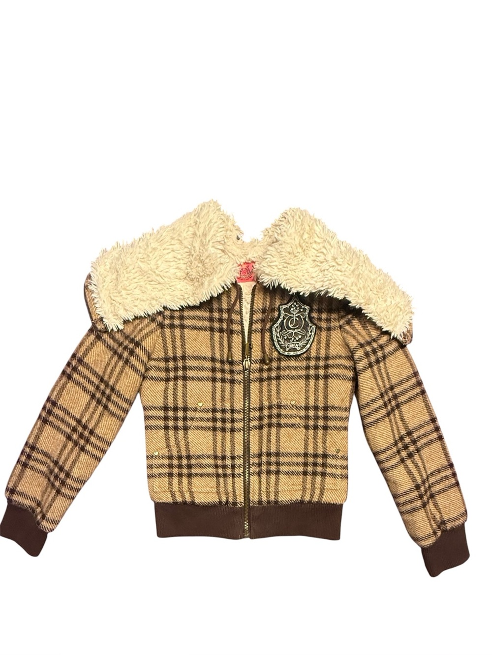 Vintage Y2K Juicy Couture Tan & Brown Plaid Sherpa-Lined Hooded Zip Bomber XS/P